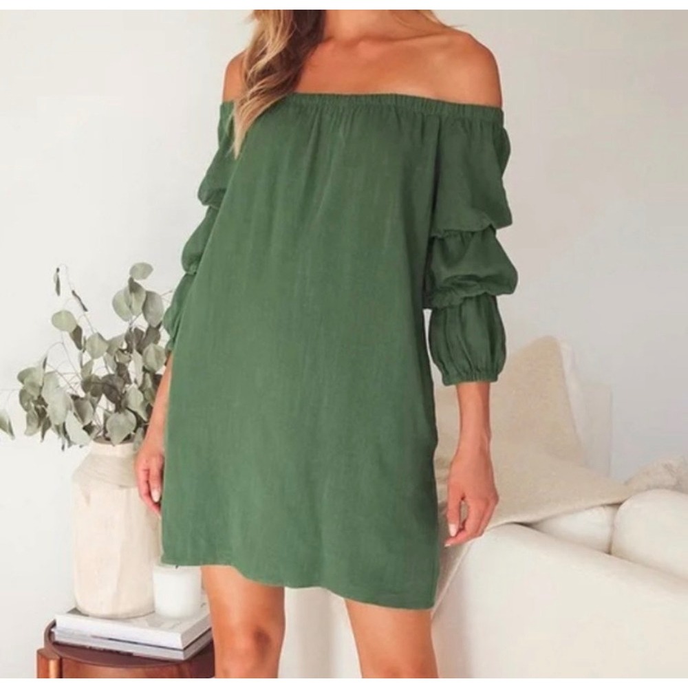 Lulus By The Pier Washed Green Linen Off The Shoulder Ruffle Sleeve Mini Dress S